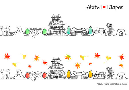 Simple line drawing set of the cityscape of the sightseeing spot in Akita Prefecture in autumn (Godzilla Rock)のイラスト素材