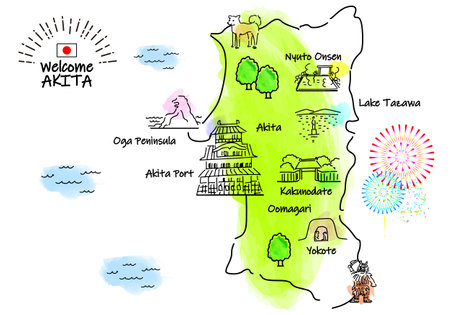 Akita sightseeing spot simple line drawing illustration mapのイラスト素材