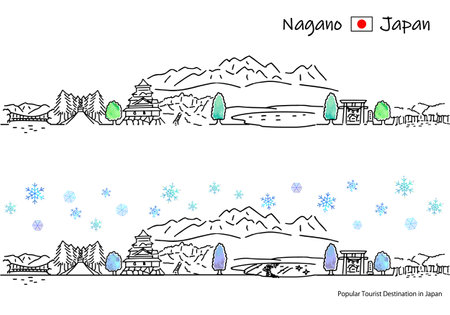 Simple line drawing set of the cityscape of tourist spots in Nagano Prefecture in winter (Chitatami-shiki curl)の写真素材