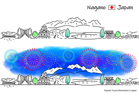 Simple line drawing set of cityscapes and fireworks of sightseeing spots in Nagano Prefecture (Chitatami-shiki curl)のイラスト素材
