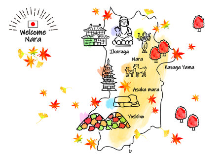 Simple line drawing illustration map of sightseeing spots in Nara Prefecture in autumnの写真素材