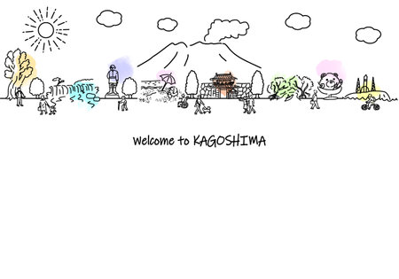 Simple line drawing illustration of the cityscape and people of tourist spots in Kagoshima Prefectureのイラスト素材