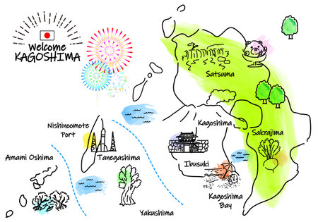 Simple line drawing illustration map of sightseeing spots in Kagoshima Prefectureのイラスト素材