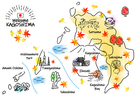 Simple line drawing illustration map of sightseeing spots in Kagoshima Prefecture in autumnの写真素材