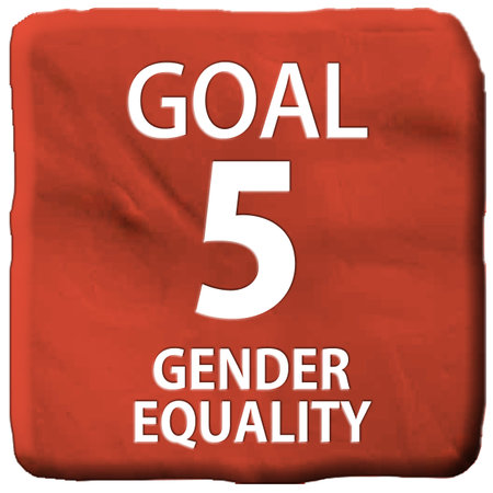 A red and white sign with the legend GOAL 5の写真素材