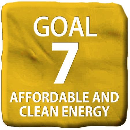A yellow road sign with the legend GOAL AND CLEAN ENERGYの写真素材