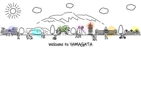Hand-drawn simple line drawings of Yamagata townscapes and peopleのイラスト素材