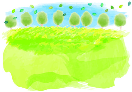 Watercolor green tree lined with meadow frameのイラスト素材