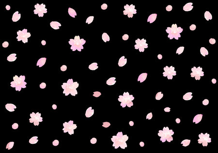 Watercolor Japanese style night cherry blossoms and petal leaflet pattern backgroundのイラスト素材