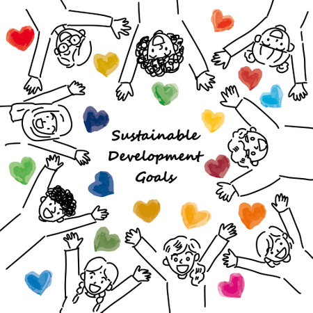CMYK simple line drawing of SDGs image heart and children around the worldのイラスト素材