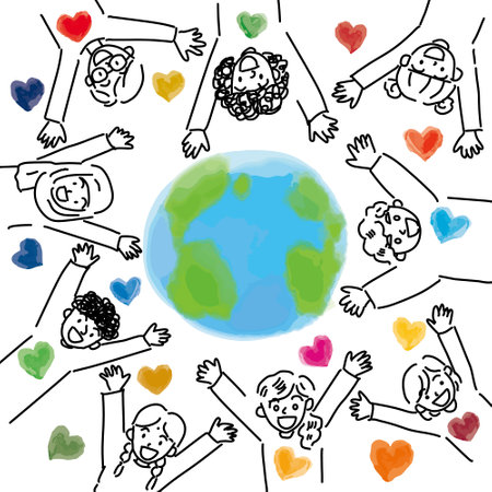 SDGs image heart, cute illustration of children and earth (Southern Hemisphere)のイラスト素材