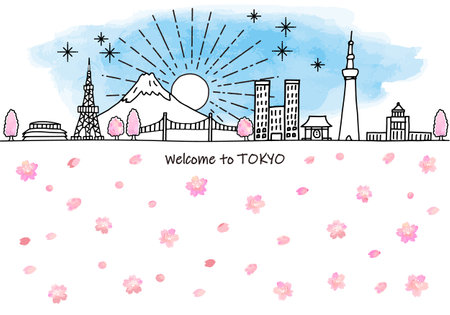 Hand-drawn Tokyo tourist cityscape skyline and cherry blossomsのイラスト素材