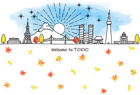Hand-drawn Tokyo autumn tourist destination cityscape skyline and autumn leavesの写真素材