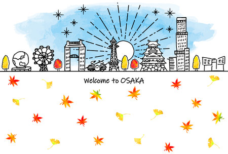 Hand-drawn cityscape skyline and autumn leaves of Osaka autumn tourist destinationの写真素材
