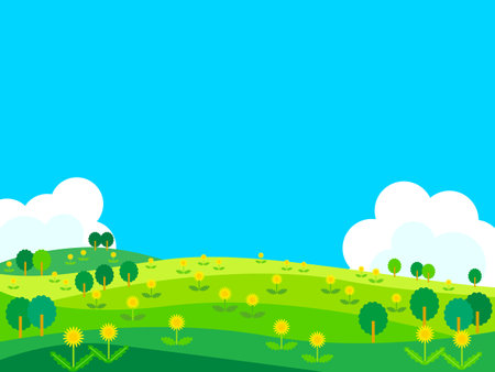 Dandelion blooming meadow and blue sky frameのイラスト素材