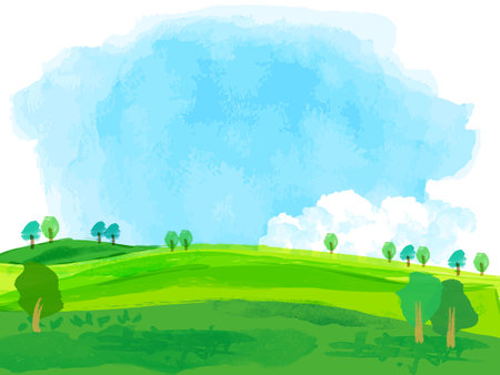 Watercolor meadow and blue sky frameの写真素材