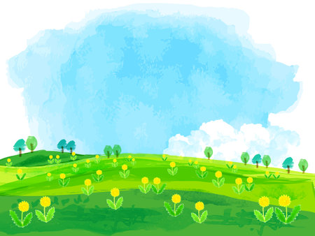 Watercolor dandelion blooming meadow and blue sky frameの写真素材