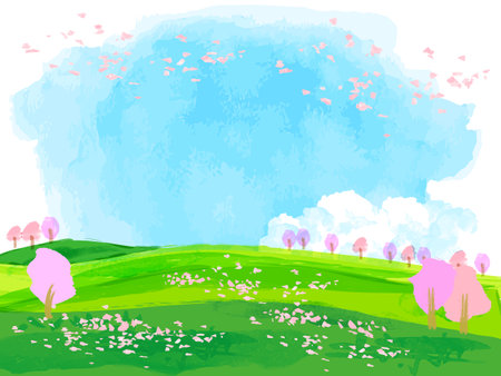 Watercolor cherry blossoms with blue sky and meadow spring frameの写真素材