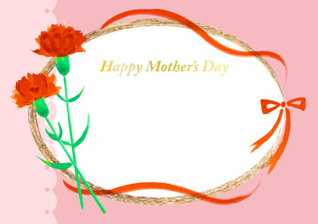 Mother's Day watercolor red carnation with golden frameのイラスト素材