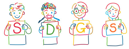 Simple line drawing of the upper body of children around the world in SDGs 17 colorsのイラスト素材