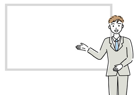 Simple illustration of a whiteboard frame with a man explainingのイラスト素材