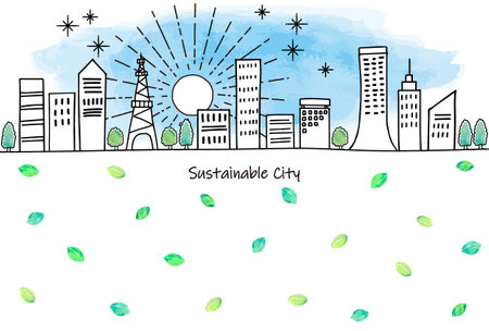Ecotourism image cityscape and green leavesのイラスト素材