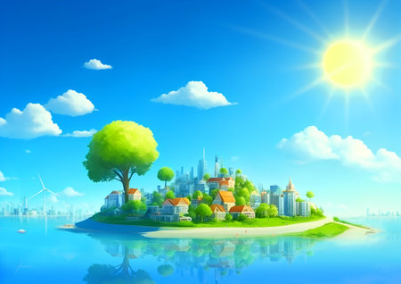 Sustainable cityscape full of nature, sea and sun (AI image)の素材