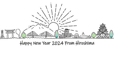 Hiroshima Prefecture tourist spots cityscape simple New Year's card template 2024のイラスト素材