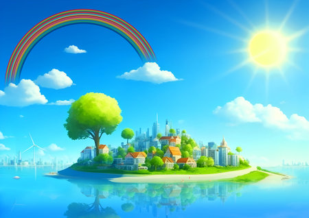 SDGs image of sustainable cityscape and 17 colors of rainbow (AI image)の素材