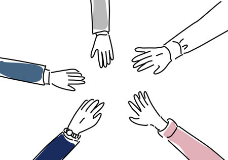 people hands united together hand drawing illustration, vectorのイラスト素材