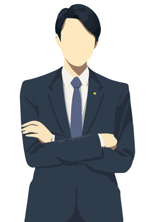 Stylish illustration of a businessman in a blue suit with arms crossedのイラスト素材