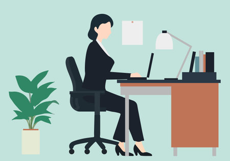 Flat color illustration of woman working on computerのイラスト素材