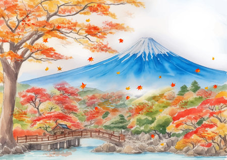 Autumn Japan image watercolor landscape illustration (generated AI)の素材