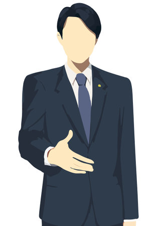 Male flat color illustration in blue suit asking for a handshake (faceless)のイラスト素材