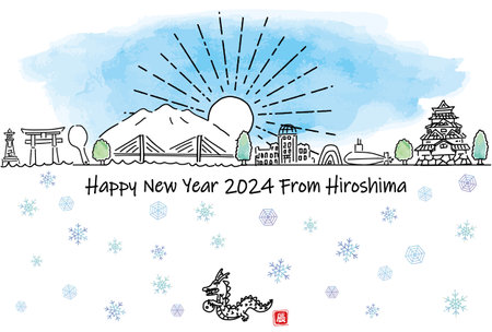 New Year's card 2024 template with the cityscape of Hiroshima tourist spots and the first sunriseのイラスト素材