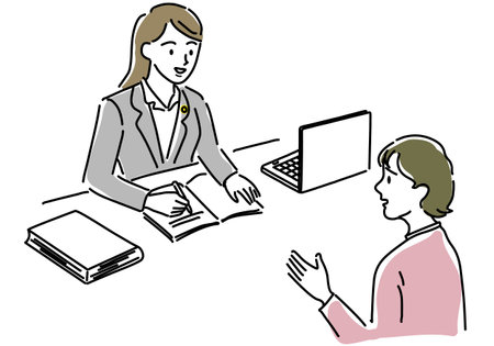 Simple line drawing illustration of a woman and a female lawyer consultingのイラスト素材