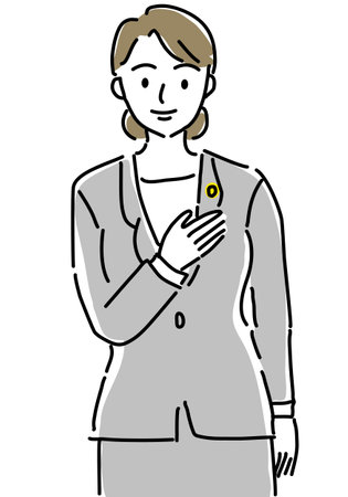 Simple line drawing illustration of a female lawyer putting her hands on her chestのイラスト素材