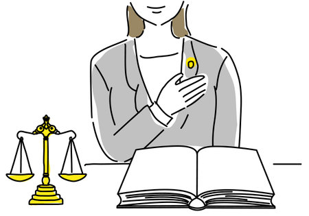 Female lawyer, balance and six laws complete book simple line drawing illustrationのイラスト素材