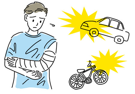 Simple line drawing of a man who injured his arm in a car accidentのイラスト素材
