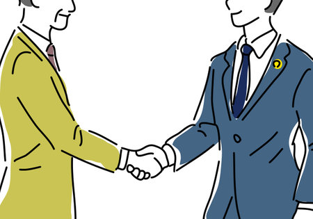 Simple line drawing illustration of a man shaking hands and a male lawyer (faceless)のイラスト素材