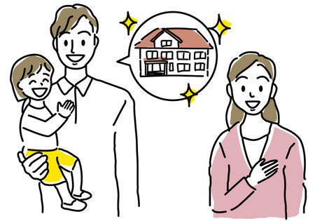 Simple line drawing illustration of a family thinking about buying a houseのイラスト素材
