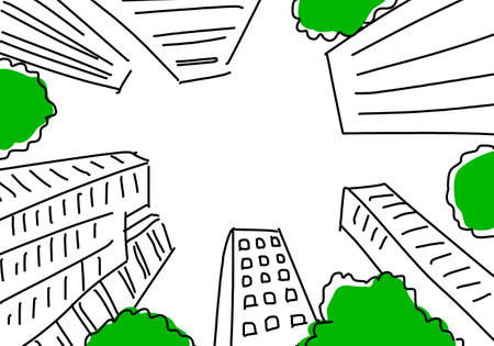 Simple line drawing looking up at a skyscraper from a valley of buildingsのイラスト素材