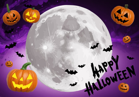 Halloween pumpkin and moon purple background frameの素材
