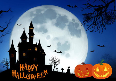Halloween night image dark blue background illustration (generated AI)の素材