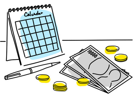 Simple line drawing illustration of calendar, money and penのイラスト素材