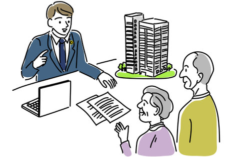Elderly couple consulting with lawyer about real estateのイラスト素材