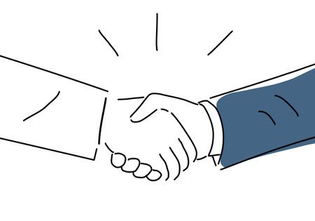 Simple line drawing of medical worker and businessman shaking hands in white coatのイラスト素材
