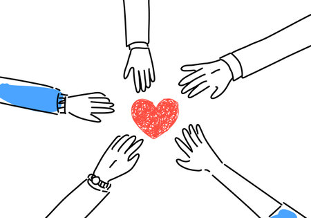 Simple line drawing of hands and hearts of medical workers in a circleのイラスト素材