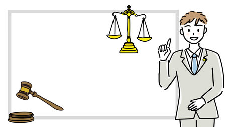 Cute line drawing frame of male lawyer explainingの写真素材