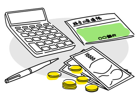 Simple line drawing illustration of money, calculator and passbookのイラスト素材